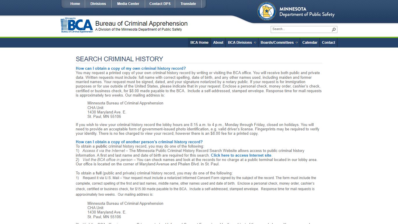 BCA Home - Search Criminal History - Minnesota